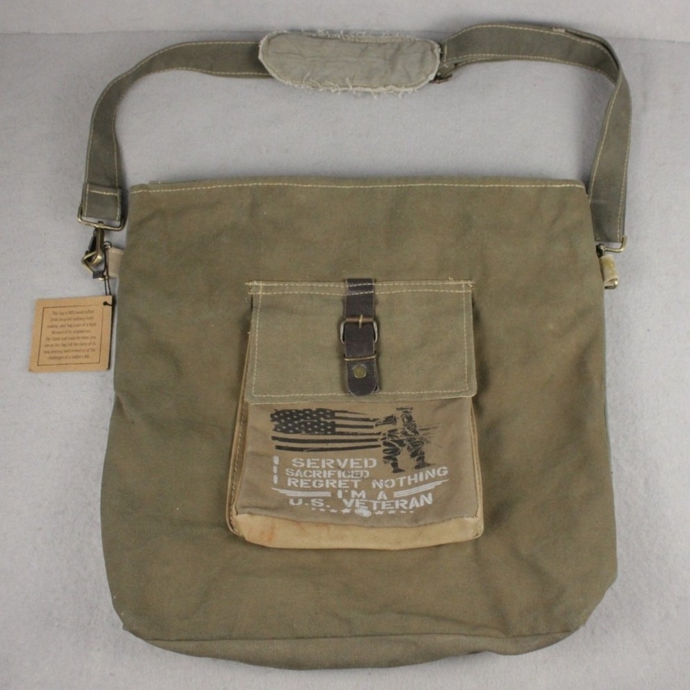 NWT Vintage Addiction Upcycled Military Canvas Messenger Bag US Veteran Olive